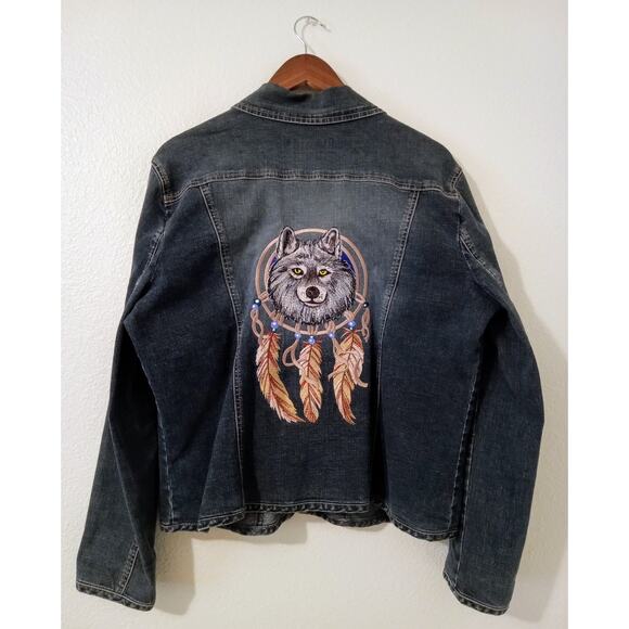 Vintage 1980s AMI Denim Jacket Women's Hong Kong Embroidered Wolf Feather SZ XL - Picture 1 of 7